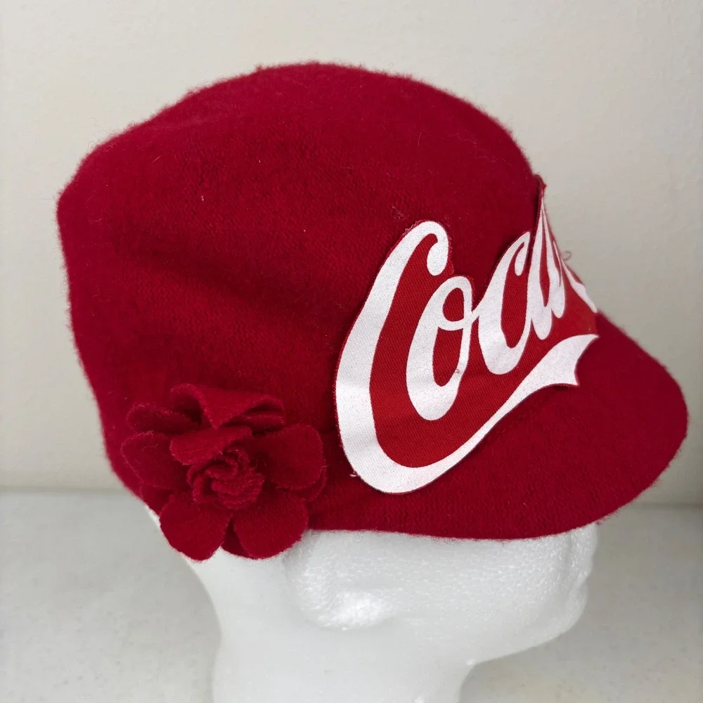 Coca-Cola Red Wool Cadet Hat‎ 3D  Flower Rosette OSFM Logo Cap Large Script